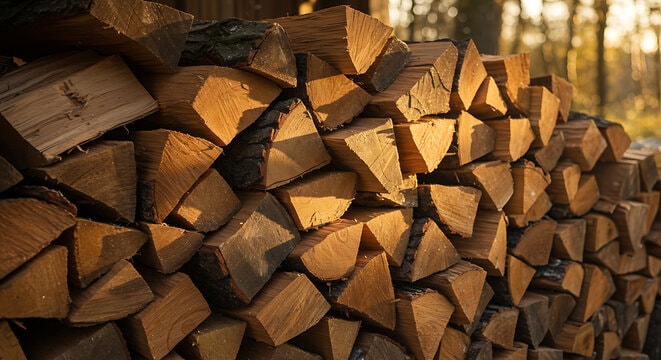 Seasoned firewood stacked beside a backyard home